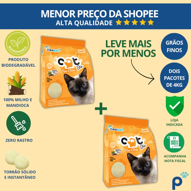 Areia Higiênica Biodegradável CatBio Max Clean - Absorção Rápida e Controle de Odores.