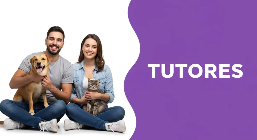 Tutores felizes com seus pets, ilustrando produtos e serviços para pets.