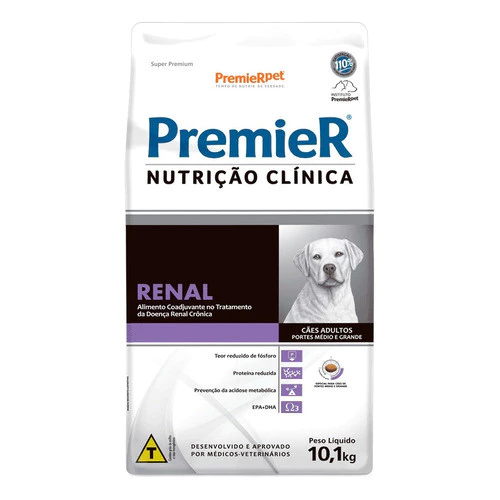 Pacote de 10,1kg da Ração Premier Nutrição Clínica Renal para cães adultos de raças pequenas.