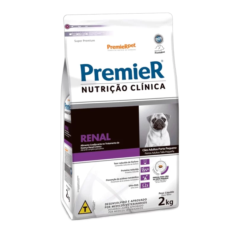 Pacote de 2kg da Ração Premier Nutrição Clínica Renal para cães adultos de raças pequenas.