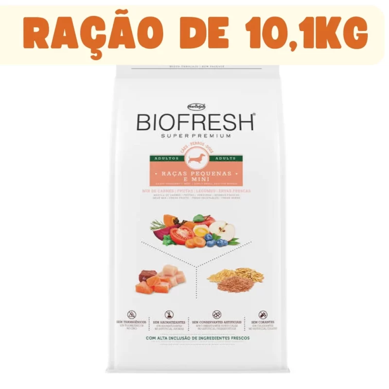 Ração Biofresh Cães Adultos para raças pequenas e mini, com ingredientes naturais.