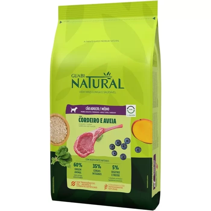 Ração Guabi Natural Cães Médios Cordeiro e Aveia 12kg – Nutrição sem corantes e transgênicos