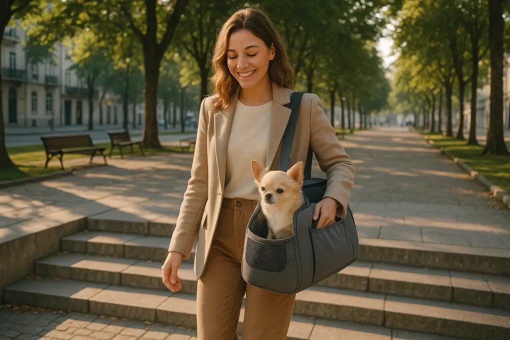 Mulher carregando cachorro em uma bolsa para pet ventilada durante passeio no parque.


