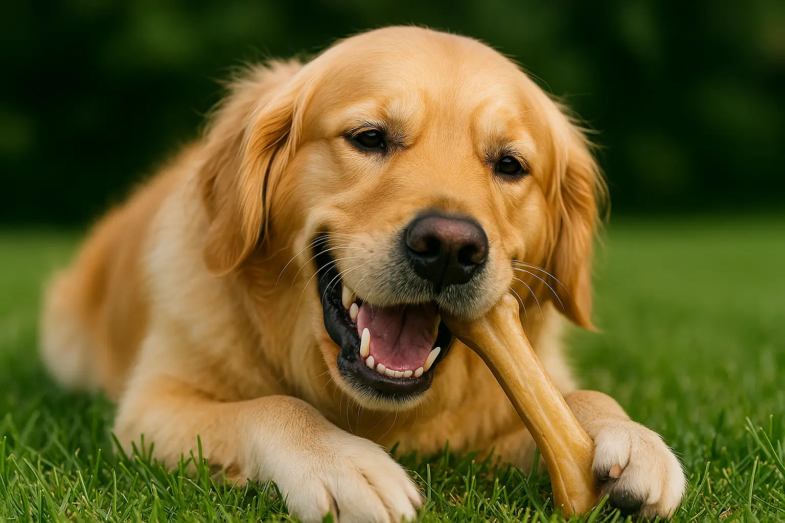 Cão feliz roendo um osso para cachorro em área verde
