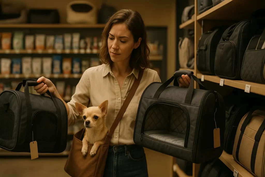 Mulher comparando bolsas para pet com diferentes preços em loja de animais.

