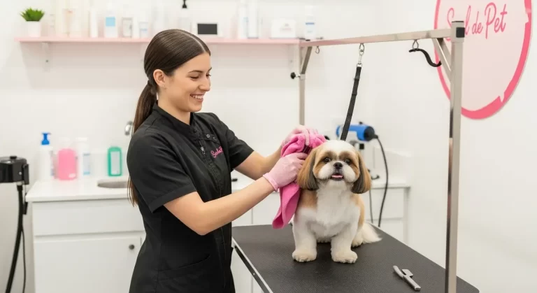Profissional realiza a secagem de um cão em mesa de banho e tosa da SoulDePet.