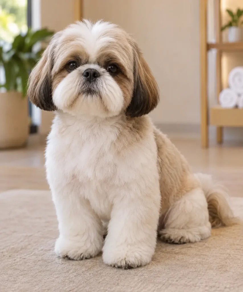 Shih Tzu branco e marrom com tosa bebê, corte curto e uniforme, feita na Soul de Pet em Praia Grande