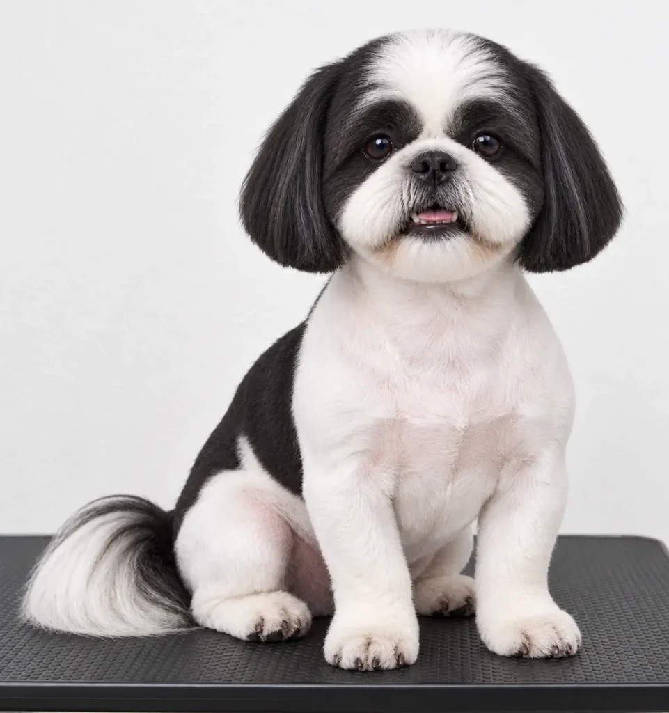 Shih Tzu preto e branco com tosa na máquina, pelo baixo no corpo e rosto e rabo finalizados na tesoura, feita na Soul de Pet em Praia Grande
