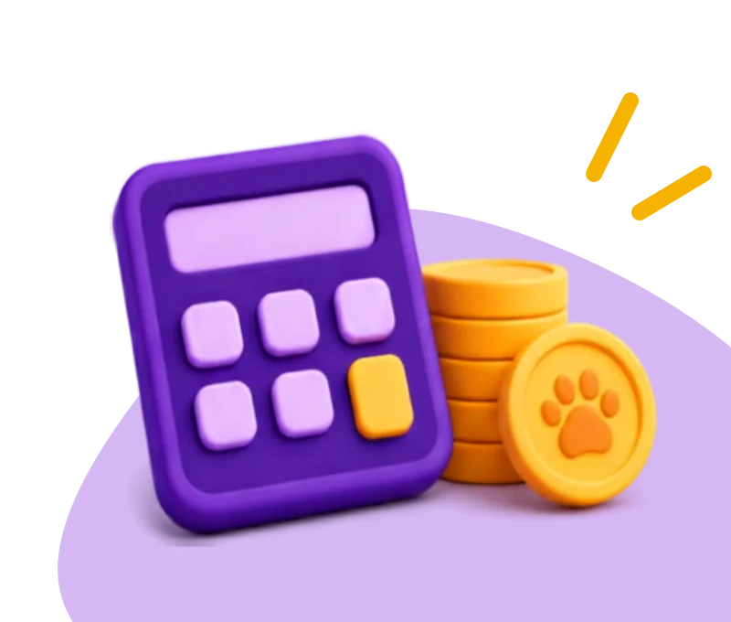 Calculadora roxa e moedas com pata